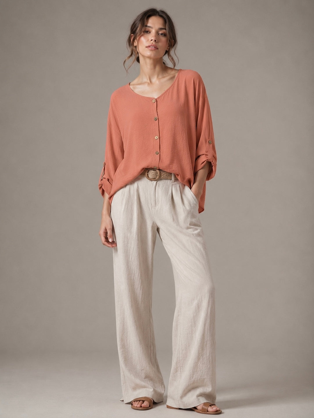 A329- Blusa de Manga Larga Ajustable a 3/4, con Cuello Redondo