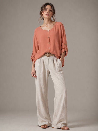 A329- Blusa de Manga Larga Ajustable a 3/4, con Cuello Redondo