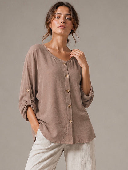 A329- Blusa de Manga Larga Ajustable a 3/4, con Cuello Redondo