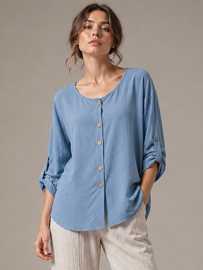 A329- Blusa de Manga Larga Ajustable a 3/4, con Cuello Redondo