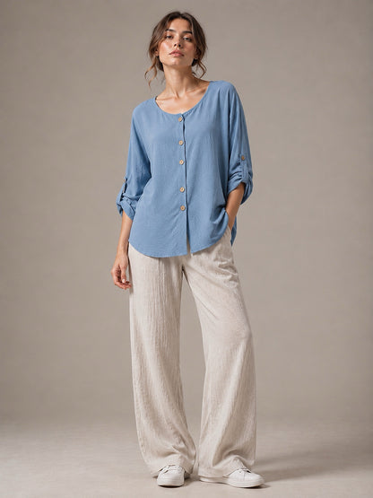 A329- Blusa de Manga Larga Ajustable a 3/4, con Cuello Redondo