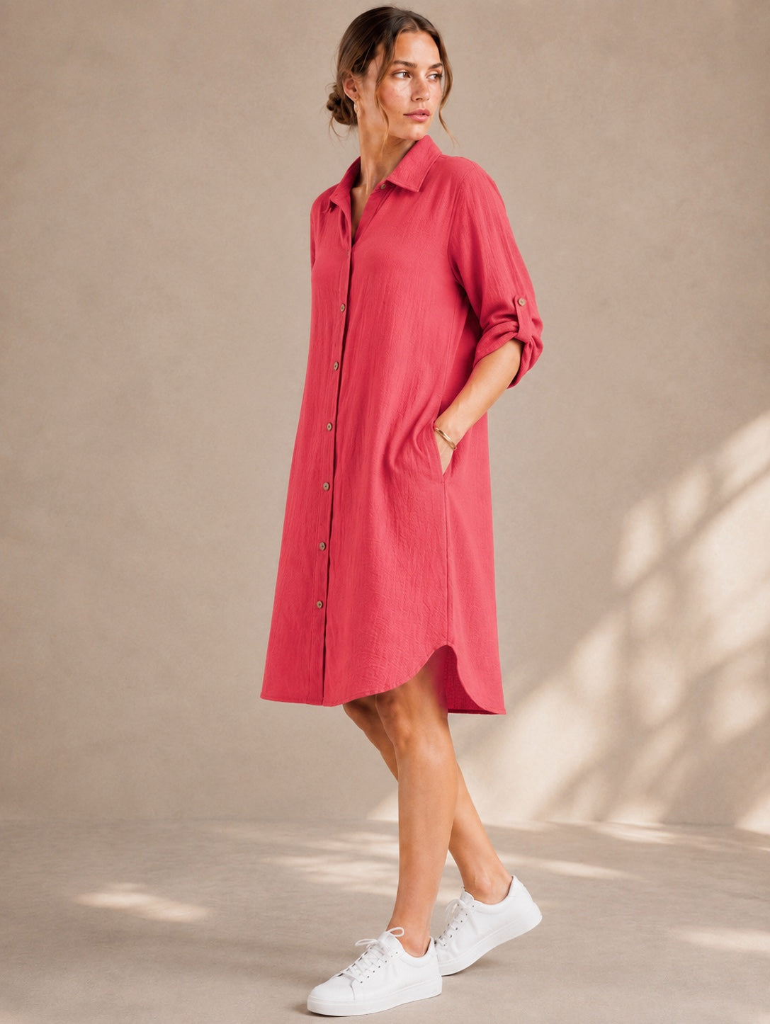 A205 - Vestido Liso con Boton y Bolsillo