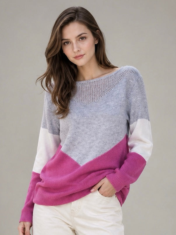 A64 - Sweater Cuello Bote Tricolor con Calado en el Cuello