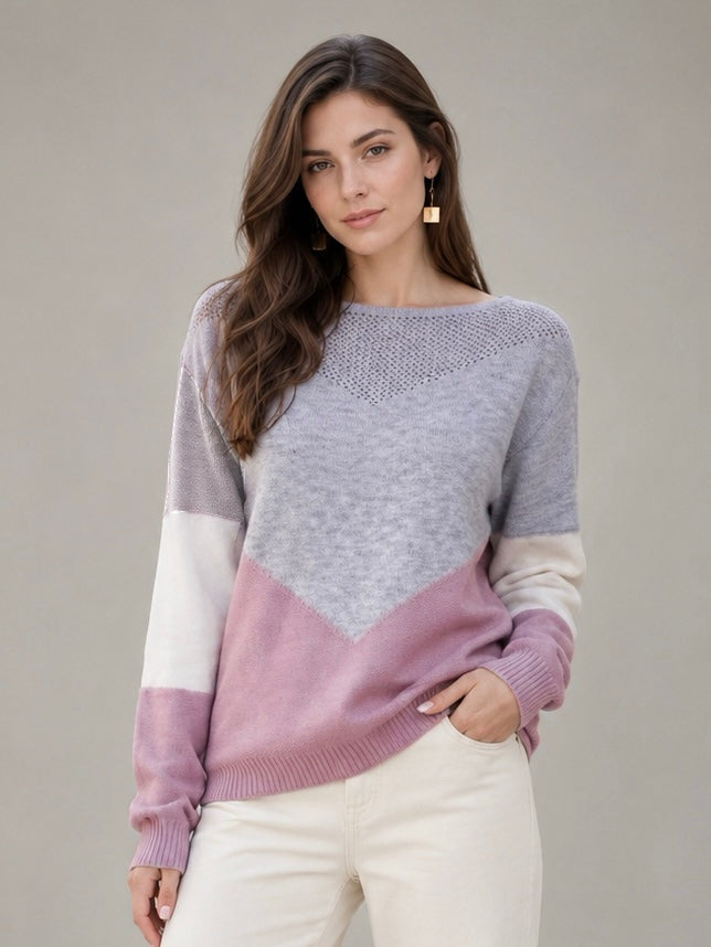 A64 - Sweater Cuello Bote Tricolor con Calado en el Cuello