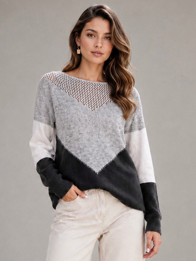 A64 - Sweater Cuello Bote Tricolor con Calado en el Cuello