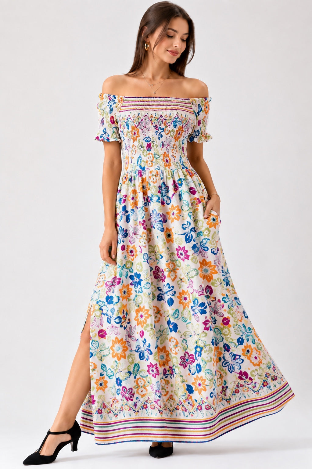 A140 - Vestido largo estampado con hombros descubiertos
