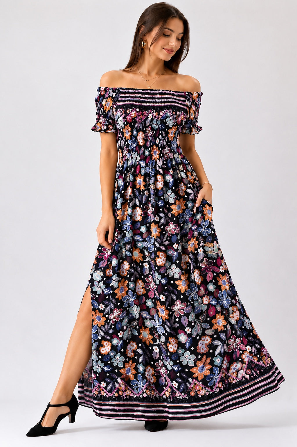 A140 - Vestido largo estampado con hombros descubiertos