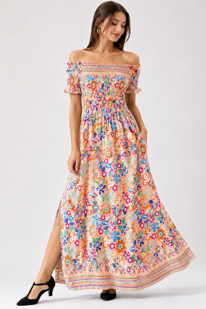 A140 - Vestido largo estampado con hombros descubiertos