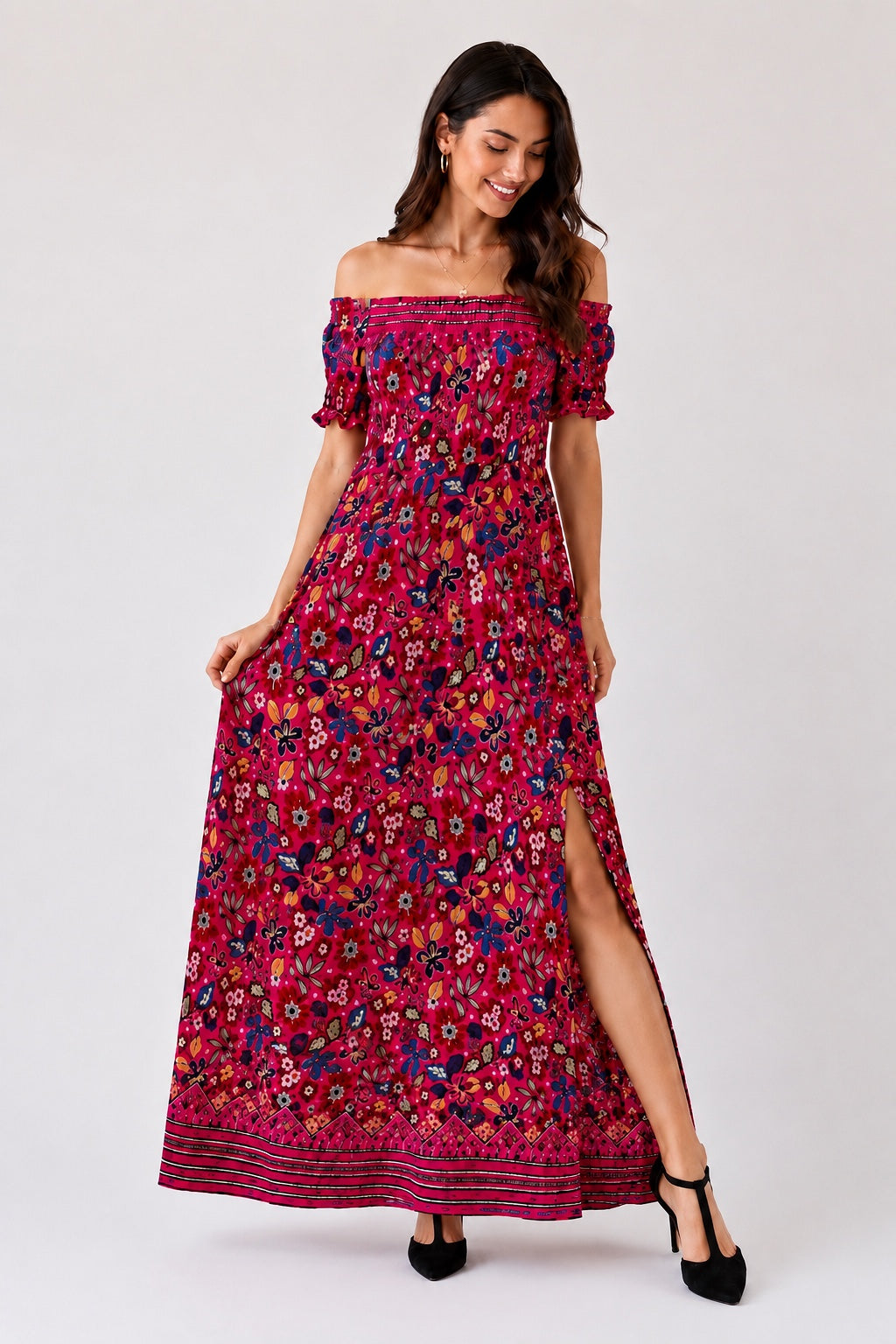 A140 - Vestido largo estampado con hombros descubiertos