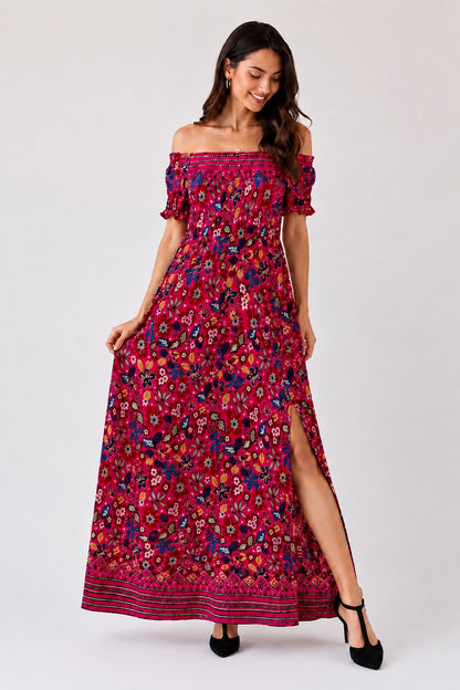 A140 - Vestido largo estampado con hombros descubiertos