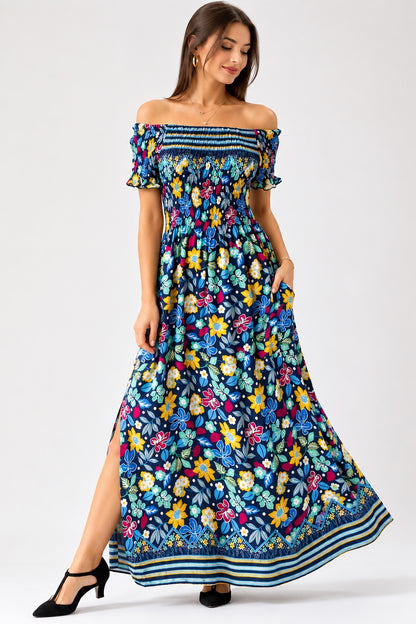 A140 - Vestido largo estampado con hombros descubiertos