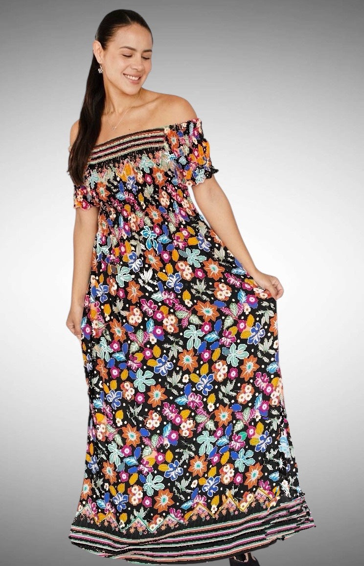 A140 - Vestido largo estampado con hombros descubiertos