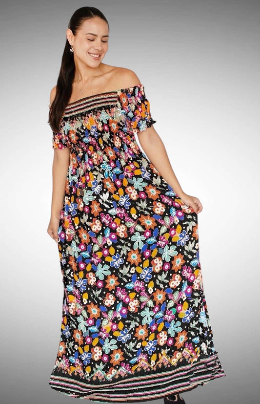A140 - Vestido largo estampado con hombros descubiertos
