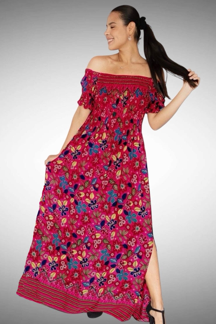 A140 - Vestido largo estampado con hombros descubiertos