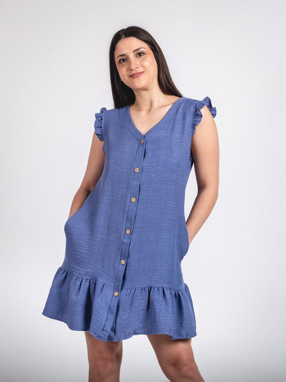 A244 - Vestido Corto con Botón y Vuelo