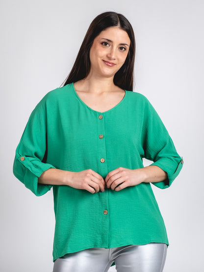 A329- Blusa de Manga Larga Ajustable a 3/4, con Cuello Redondo