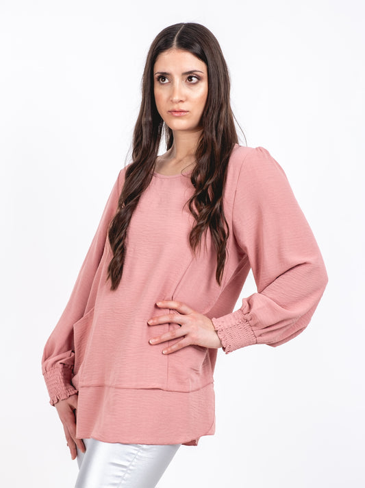 A283 - Polera Manga Larga Puño Elasticado Cuello Redondo y Bolsillos