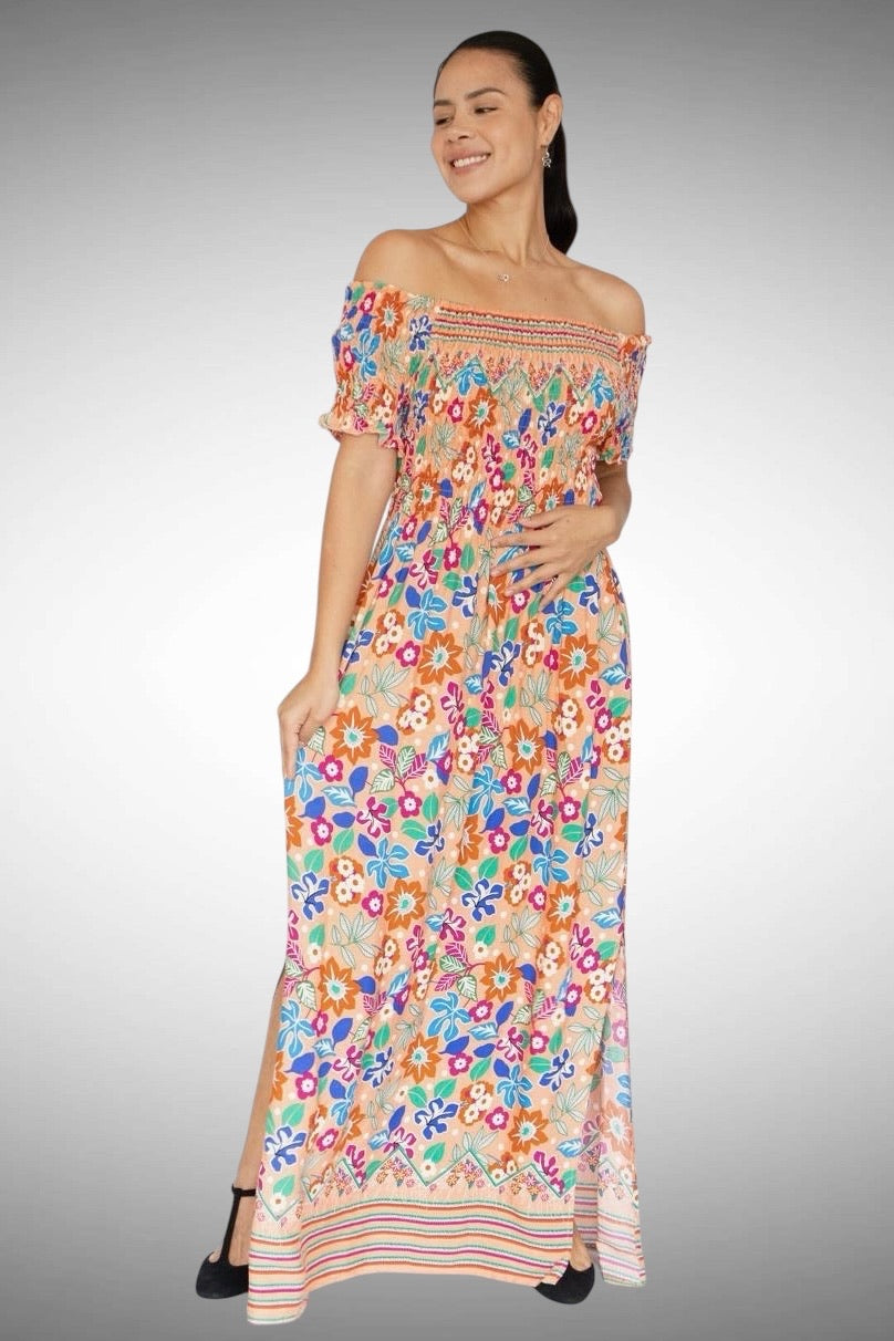 A140 - Vestido largo estampado con hombros descubiertos
