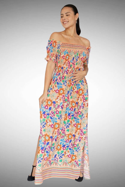 A140 - Vestido largo estampado con hombros descubiertos