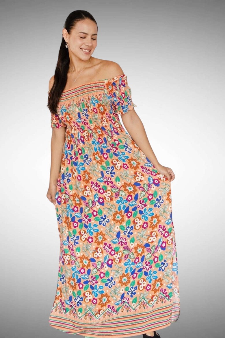 A140 - Vestido largo estampado con hombros descubiertos