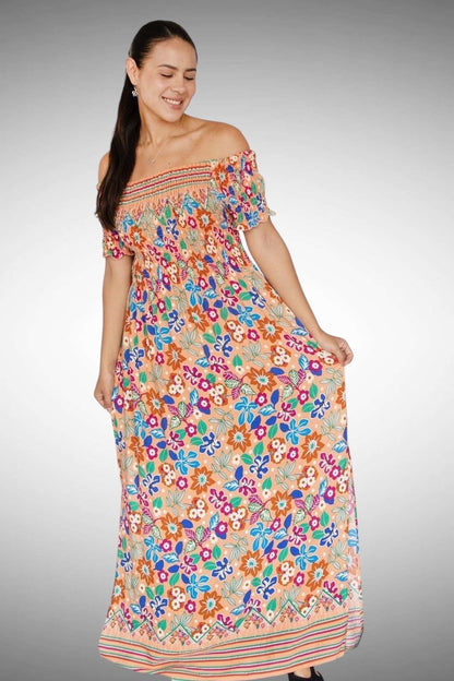 A140 - Vestido largo estampado con hombros descubiertos