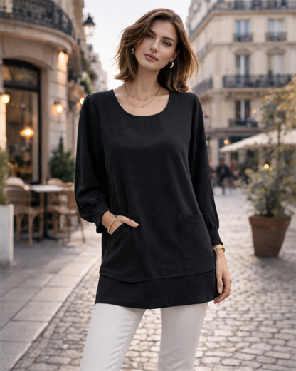 A283 - Polera Manga Larga Puño Elasticado Cuello Redondo y Bolsillos