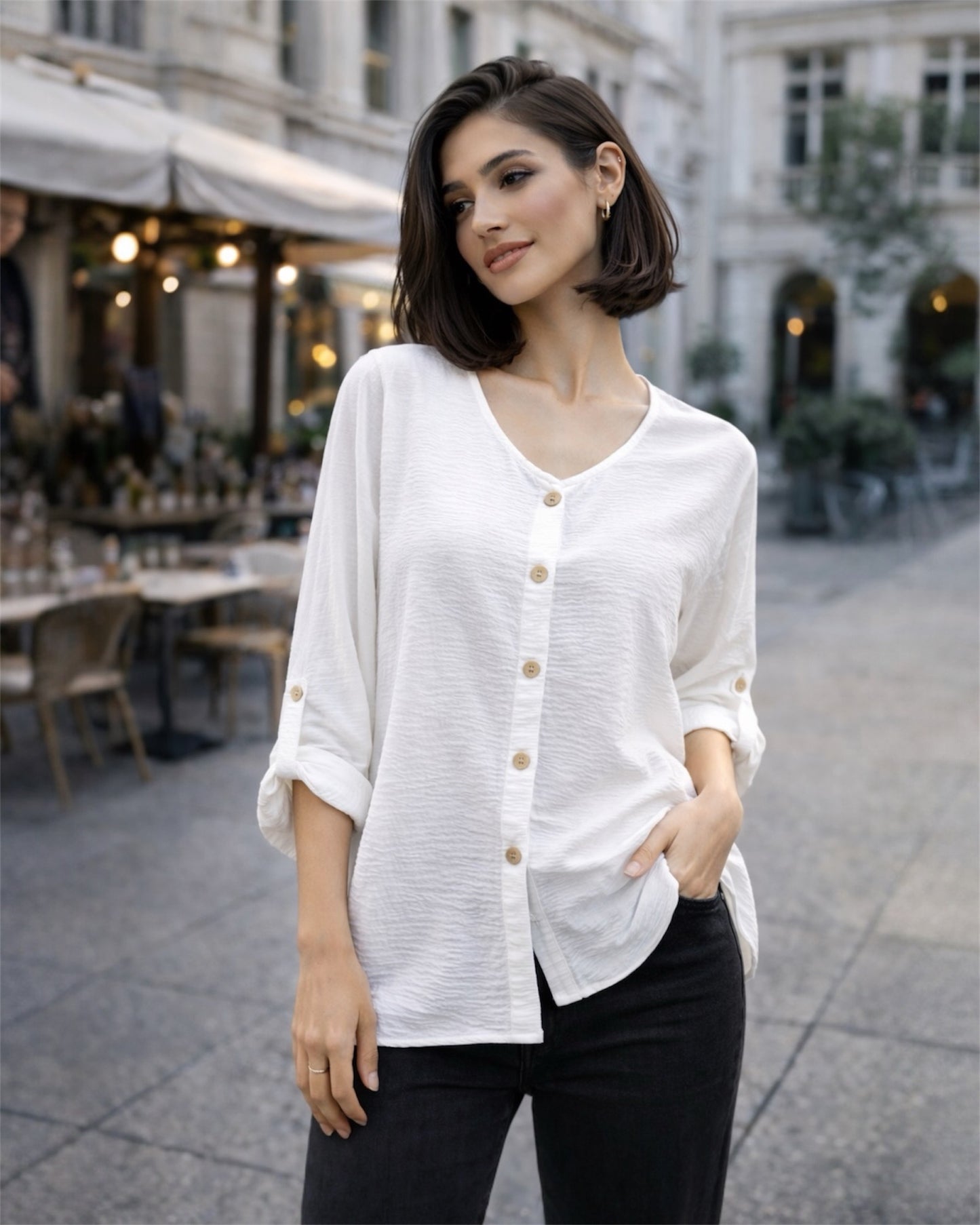A329- Blusa de Manga Larga Ajustable a 3/4, con Cuello Redondo