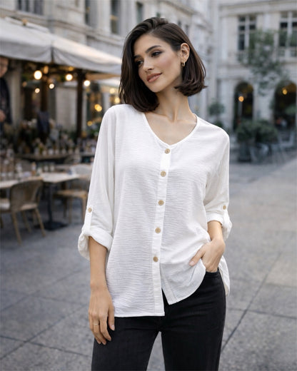 A329- Blusa de Manga Larga Ajustable a 3/4, con Cuello Redondo