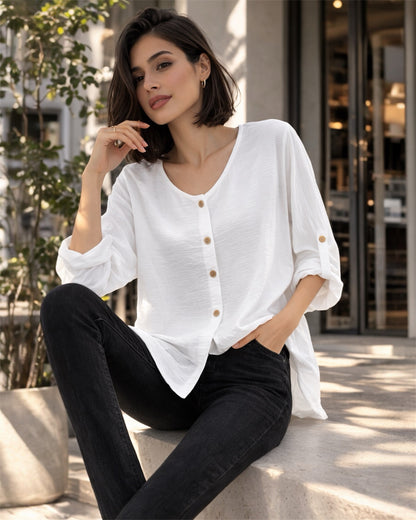 A329- Blusa de Manga Larga Ajustable a 3/4, con Cuello Redondo