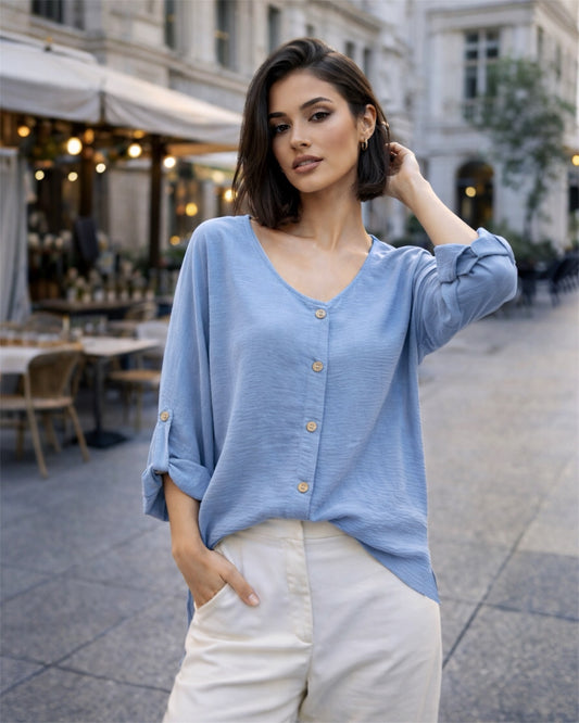 A329- Blusa de Manga Larga Ajustable a 3/4, con Cuello Redondo