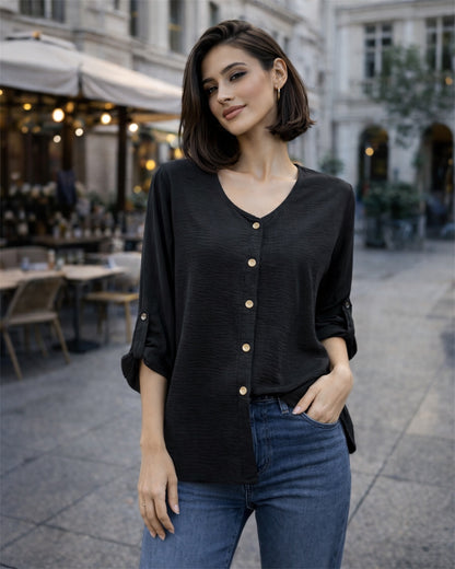 A329- Blusa de Manga Larga Ajustable a 3/4, con Cuello Redondo