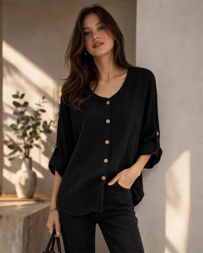 A329- Blusa de Manga Larga Ajustable a 3/4, con Cuello Redondo