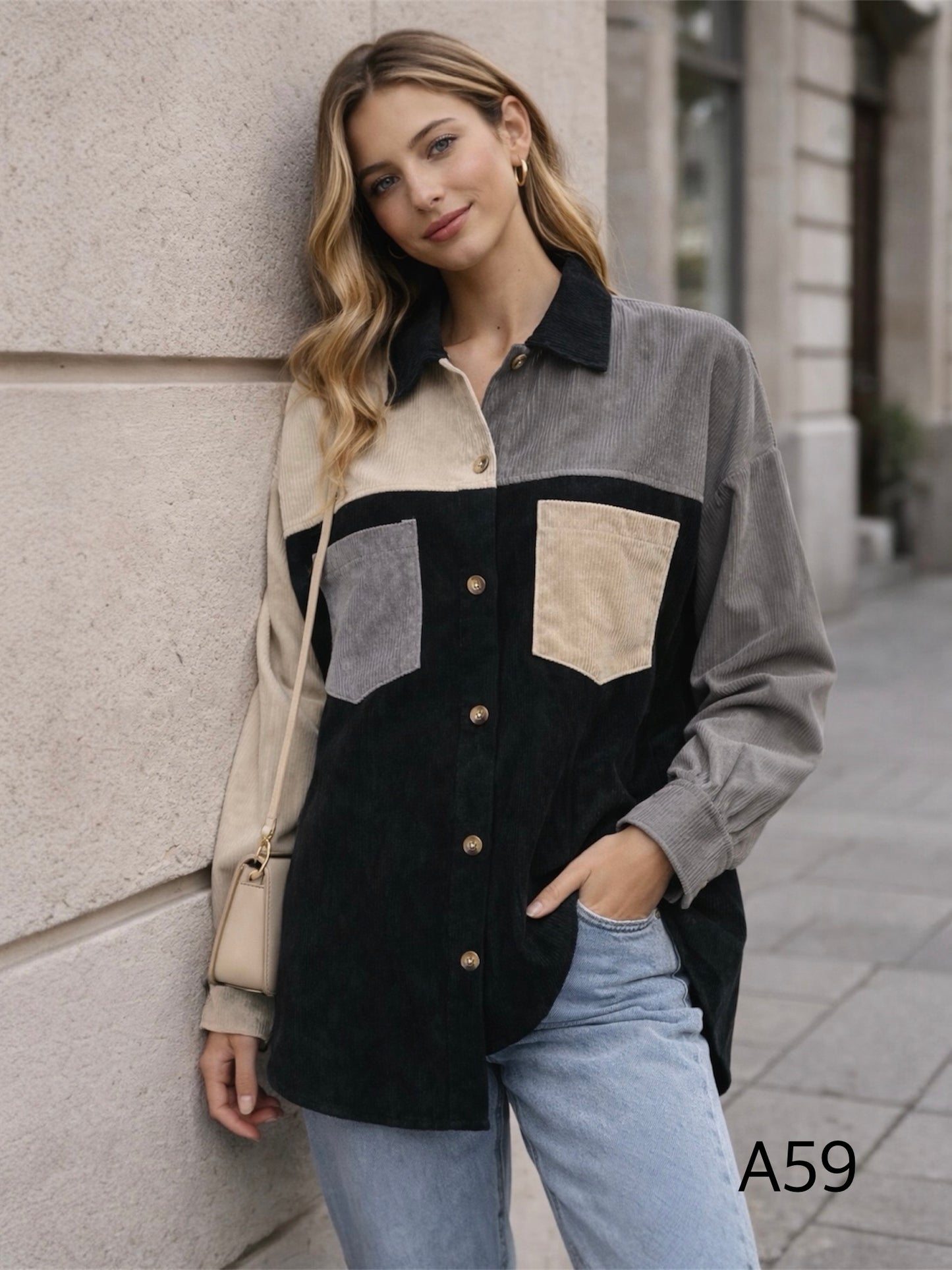 A59 - Camisa Cotelé Manga Larga Mujer Tricolor