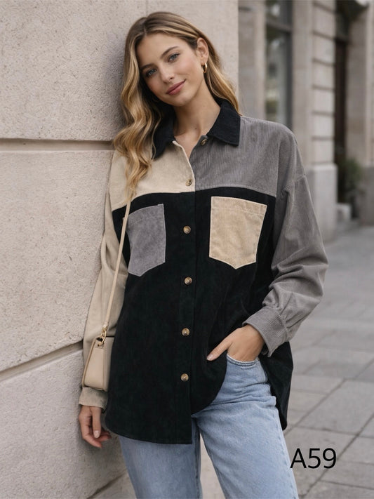 A59 - Camisa Cotelé Manga Larga Mujer Tricolor