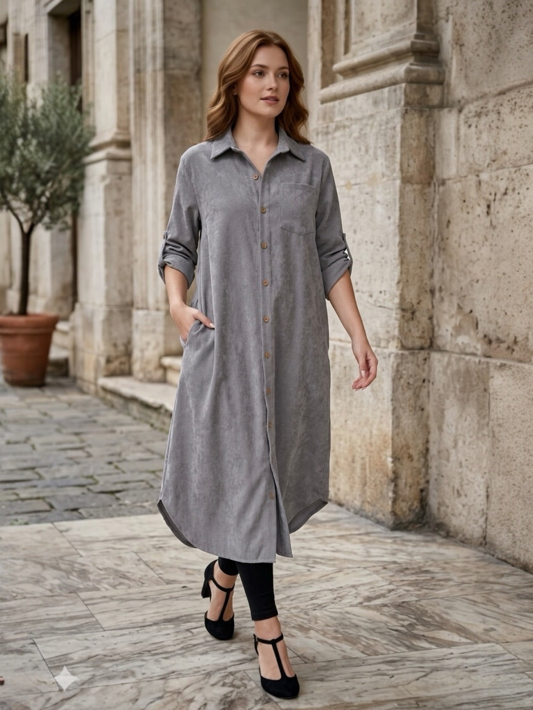 A294 - Vestido Camisón de Gamuza Sintética con Bolsillos