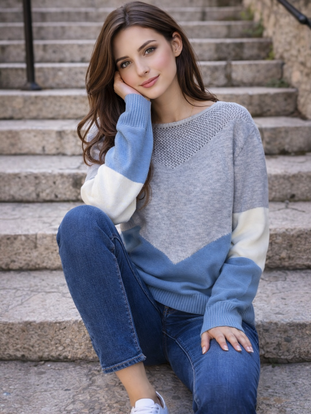 A64 - Sweater Cuello Bote Tricolor con Calado en el Cuello