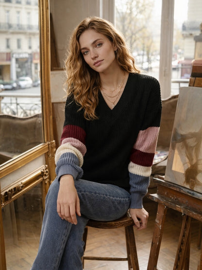 2563 - Sweater Cuello V Con Colores En Las Mangas