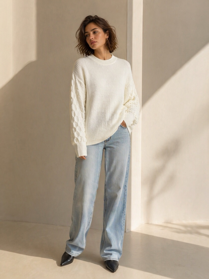 A185 - Sweater de Lana con Relieve Panal en las Mangas